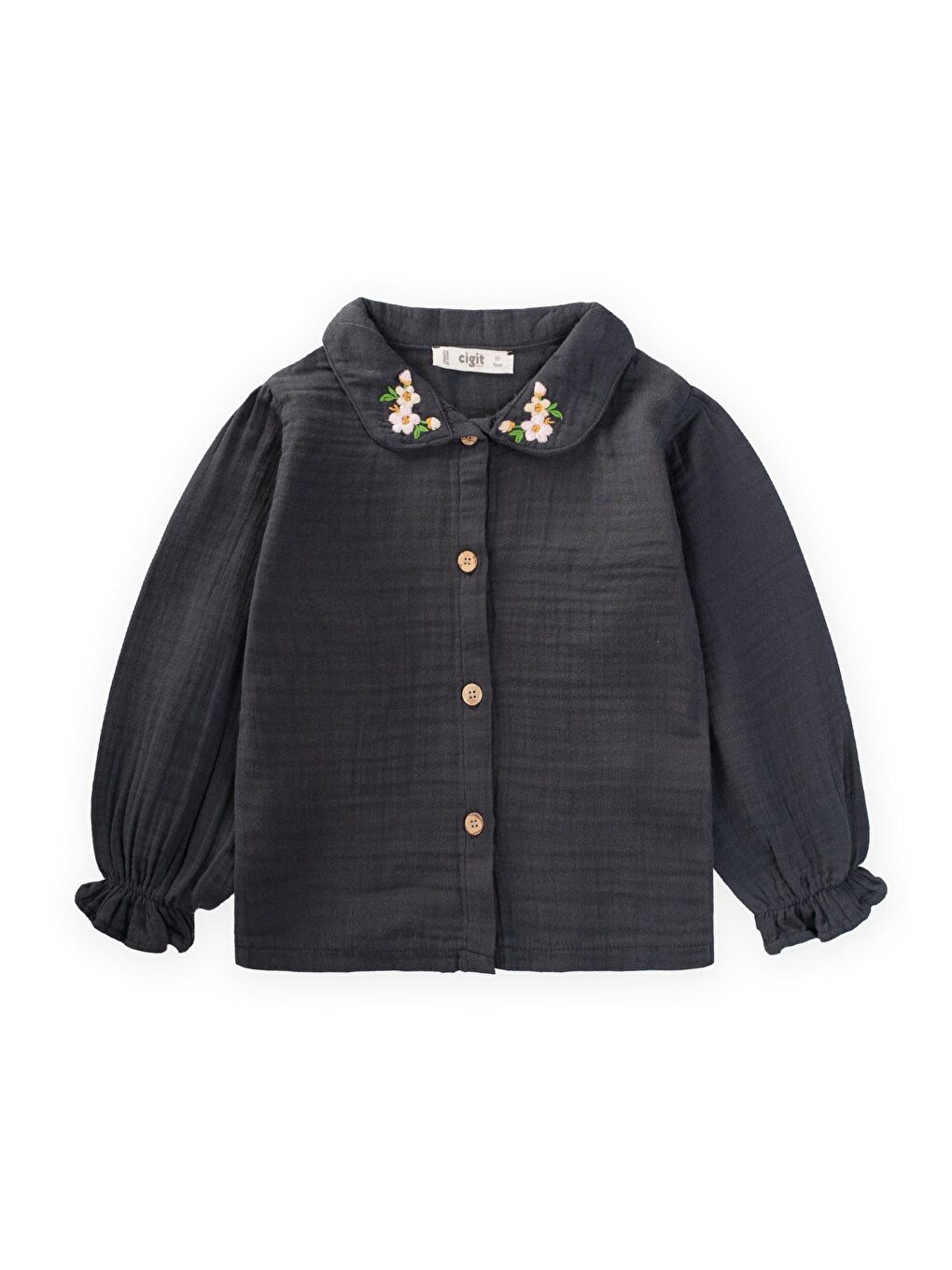 Antrasit Kız Çocuk Nakışlı Müslin Gömlek