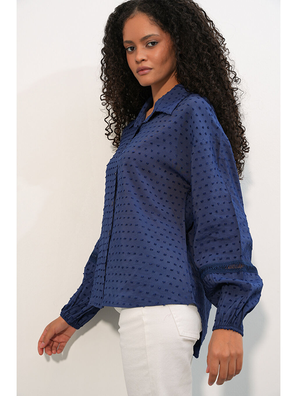 Kadın Oversize Desenli Gömlek 20379 - Lacivert-2