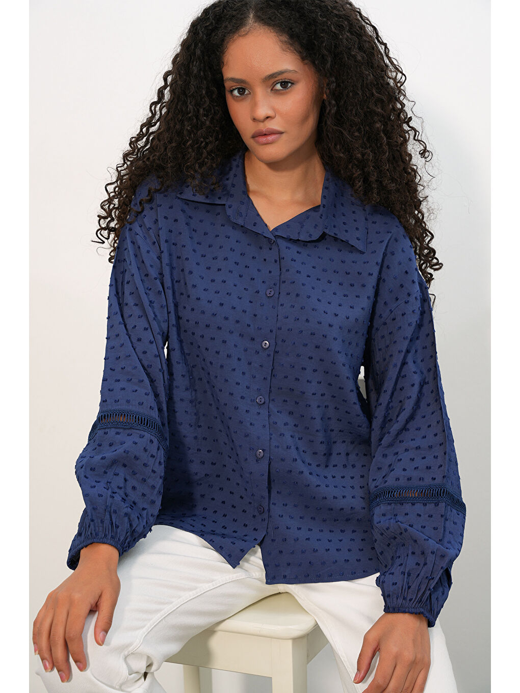 Kadın Oversize Desenli Gömlek 20379 - Lacivert-3
