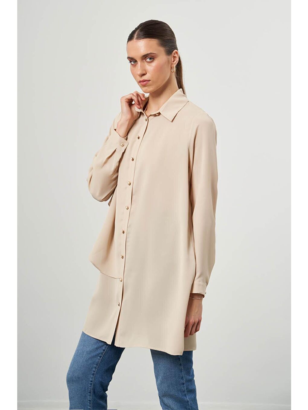 Bej Yan Parçalı Vizon Gömlek Tunik-1