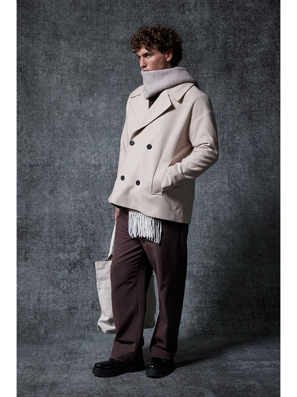 Erkek Oversize Kruvaze Kaban Açık Bej-3