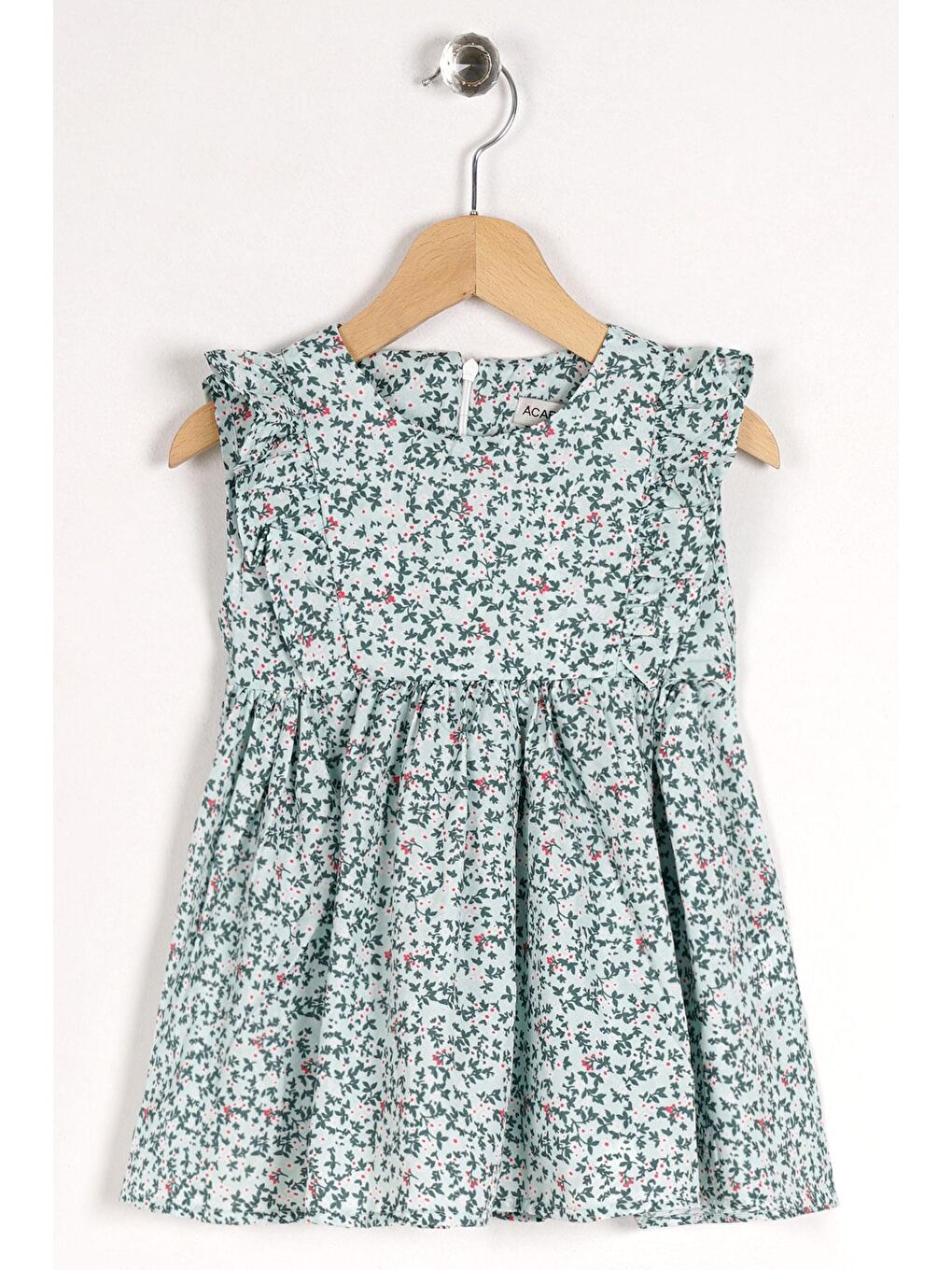 Yeşil Sıfır Kol Çiçek Desenli Fermuarlı Mint Renk Kız Çocuk Elbise