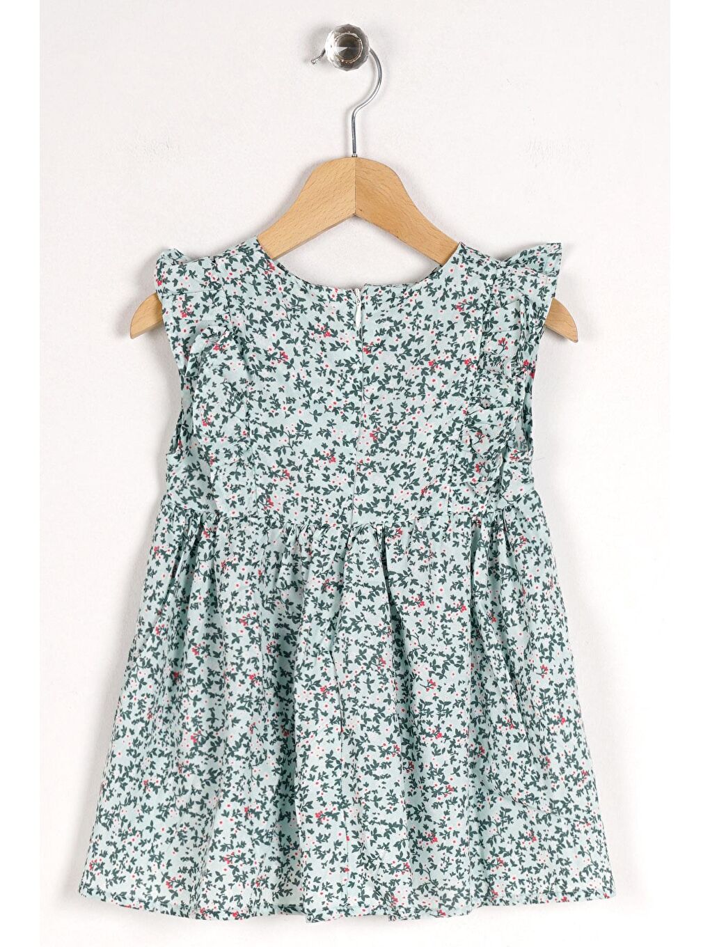 Yeşil Sıfır Kol Çiçek Desenli Fermuarlı Mint Renk Kız Çocuk Elbise-1