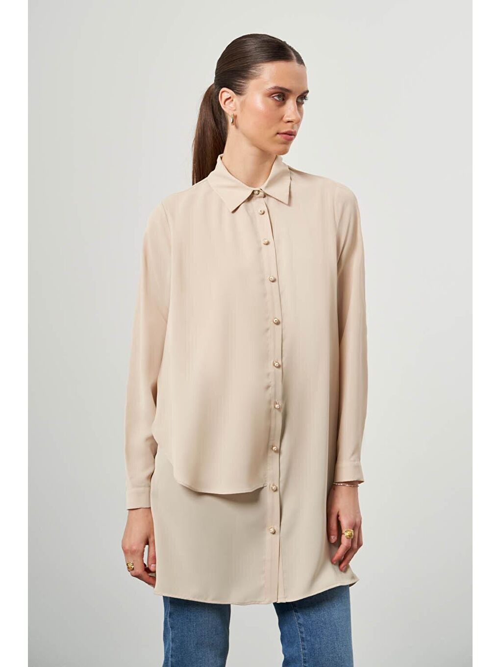 Bej Yan Parçalı Vizon Gömlek Tunik-2