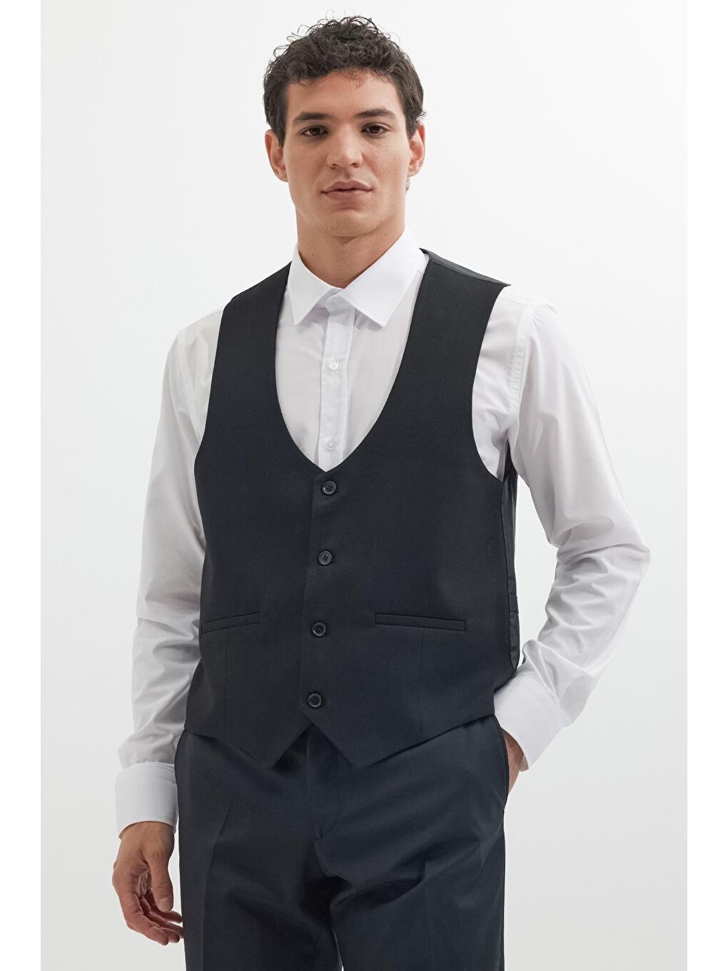 Erkek Standart Fit Normal Kesim Düz Fleto Cepli Siyah Yelek-4