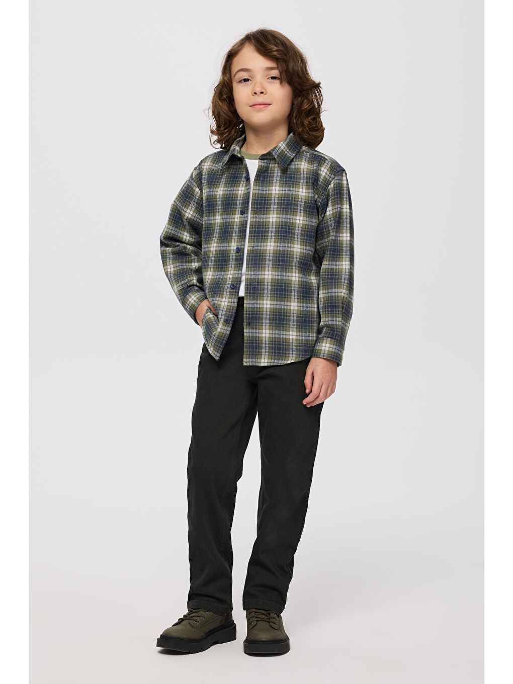 Erkek Çocuk Ekose Gömlek Haki-1