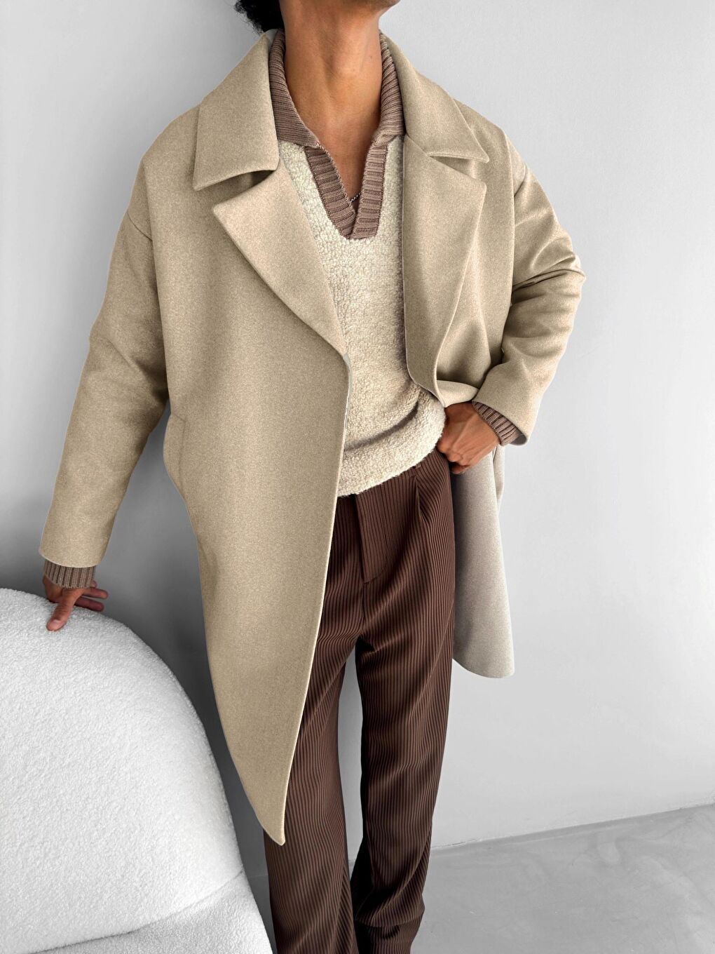 Erkek Oversize Kaşe Kaban Bej-1