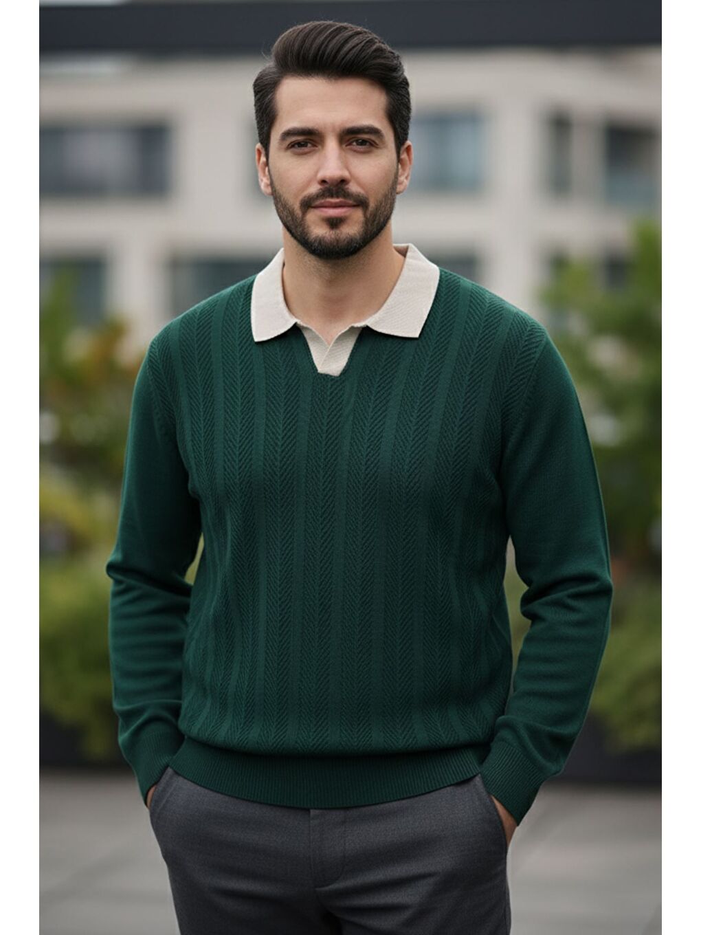 Yeşil Erkek Polo Yaka Kendinden Desenli Triko Kazak