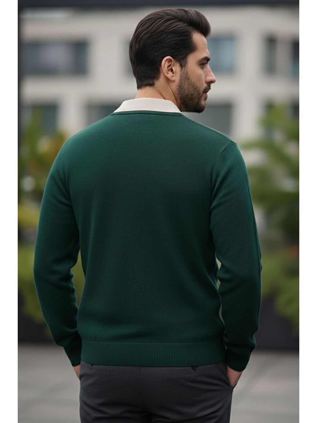 Yeşil Erkek Polo Yaka Kendinden Desenli Triko Kazak-1