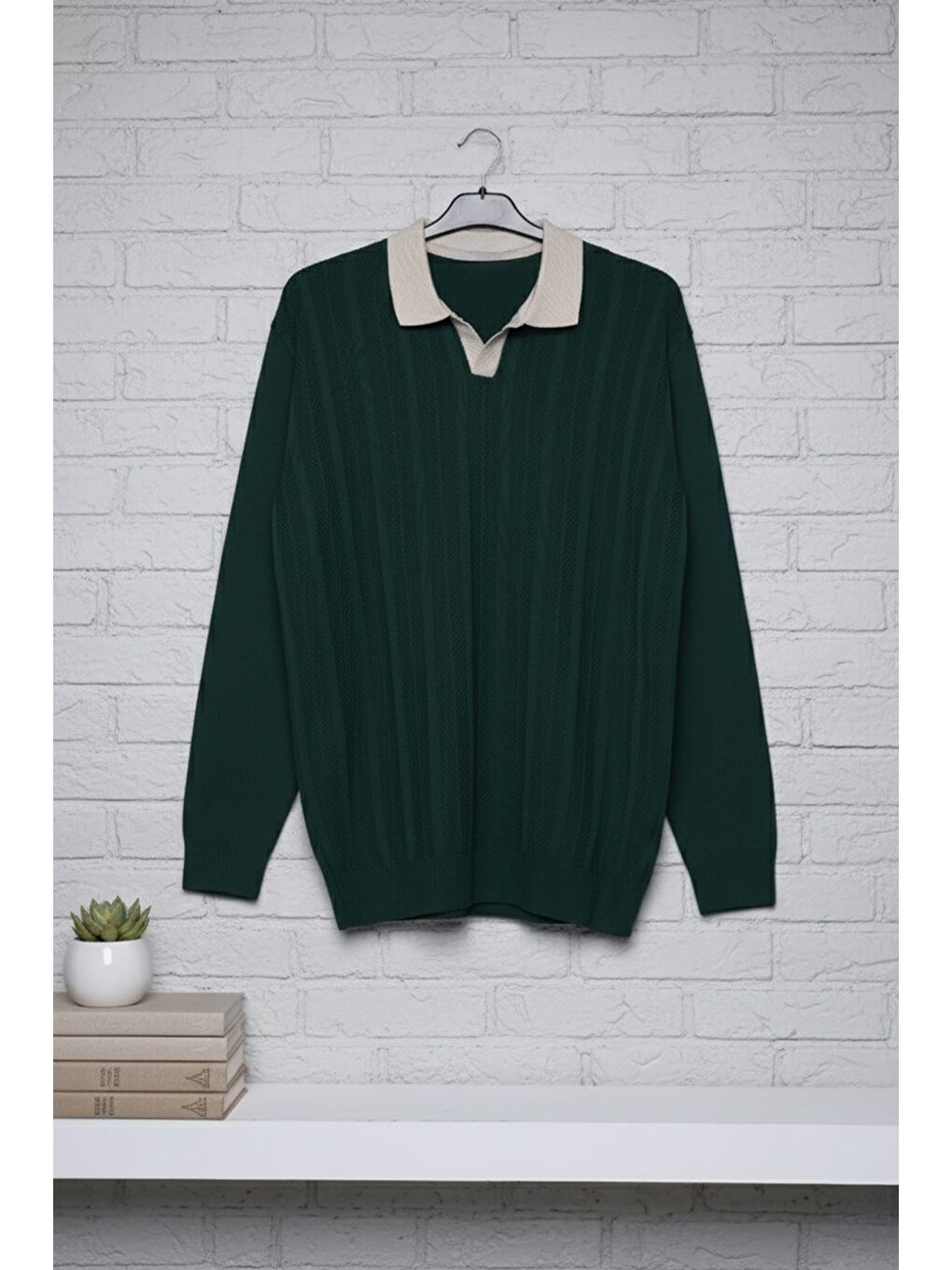 Yeşil Erkek Polo Yaka Kendinden Desenli Triko Kazak-2