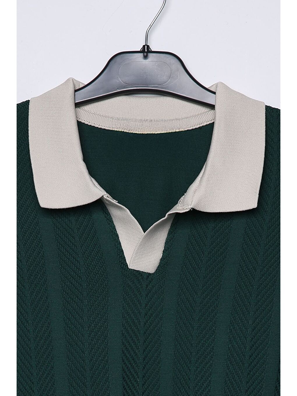 Yeşil Erkek Polo Yaka Kendinden Desenli Triko Kazak-3