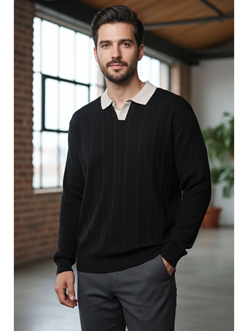 Siyah Erkek Polo Yaka Kendinden Desenli Triko Kazak