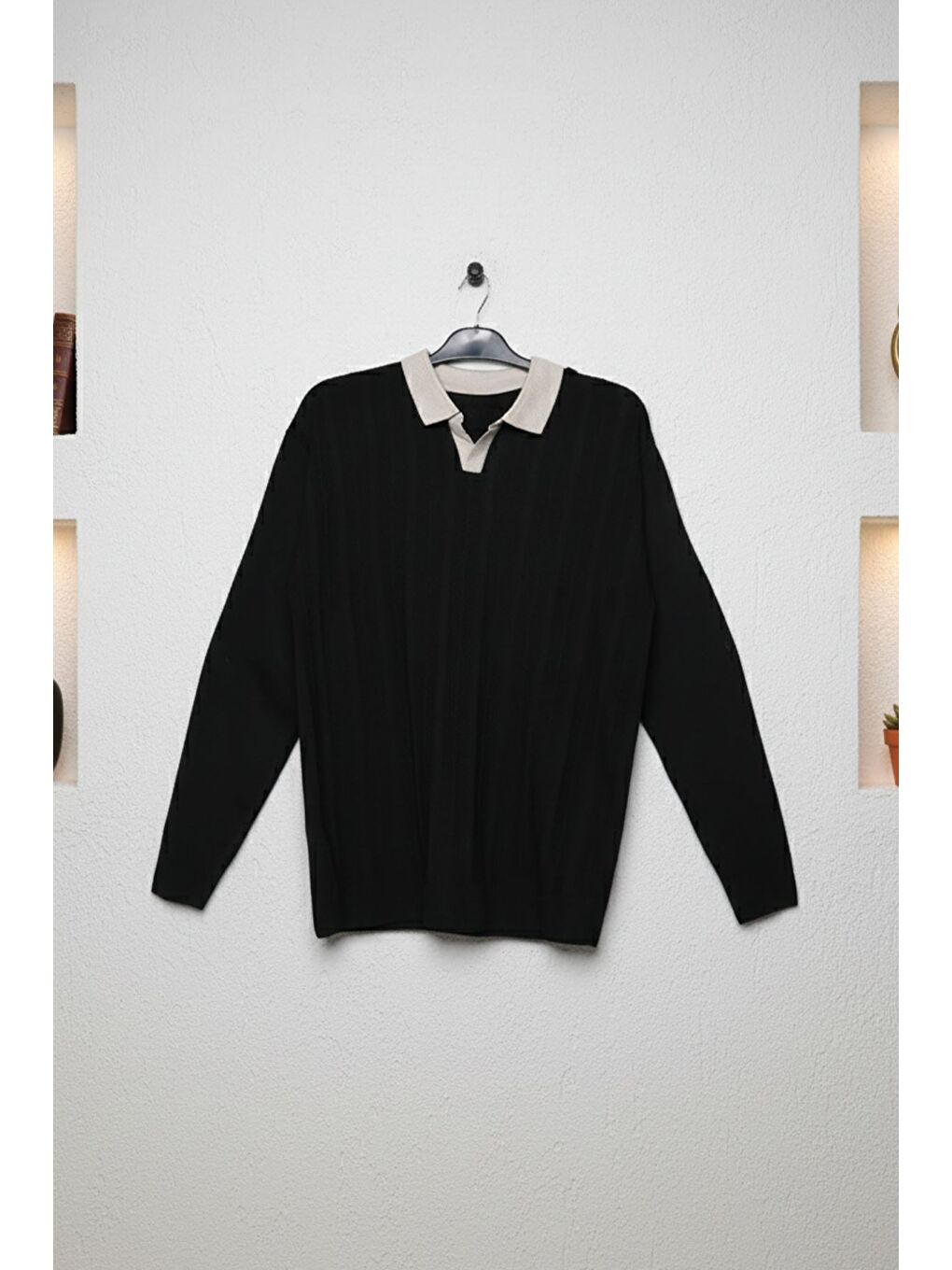 Siyah Erkek Polo Yaka Kendinden Desenli Triko Kazak-2