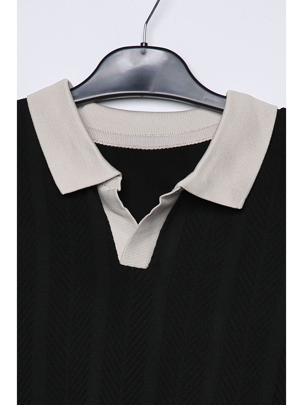 Siyah Erkek Polo Yaka Kendinden Desenli Triko Kazak-3