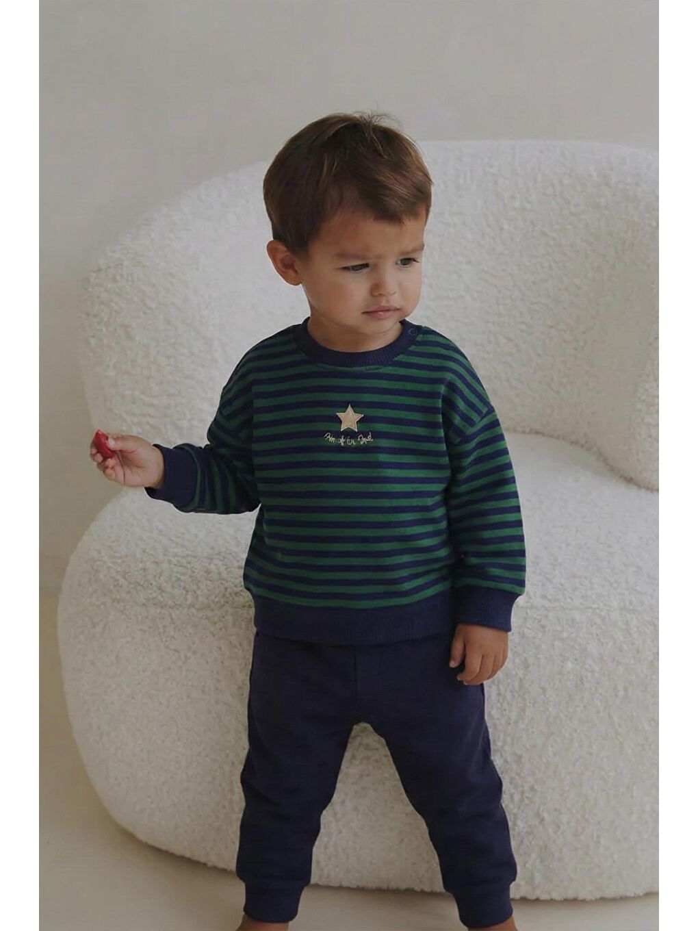 Çizgili Triko Erkek Bebek Takım 0-3 Yaş Haki Lacivert Çizgili-1