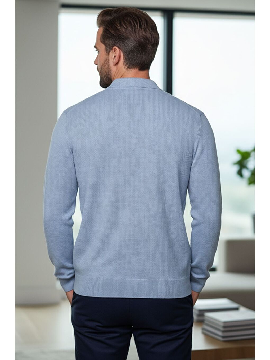 İndigo Erkek Polo Yaka Çizgi Desenli Yarım Fermuarlı Triko Kazak-1