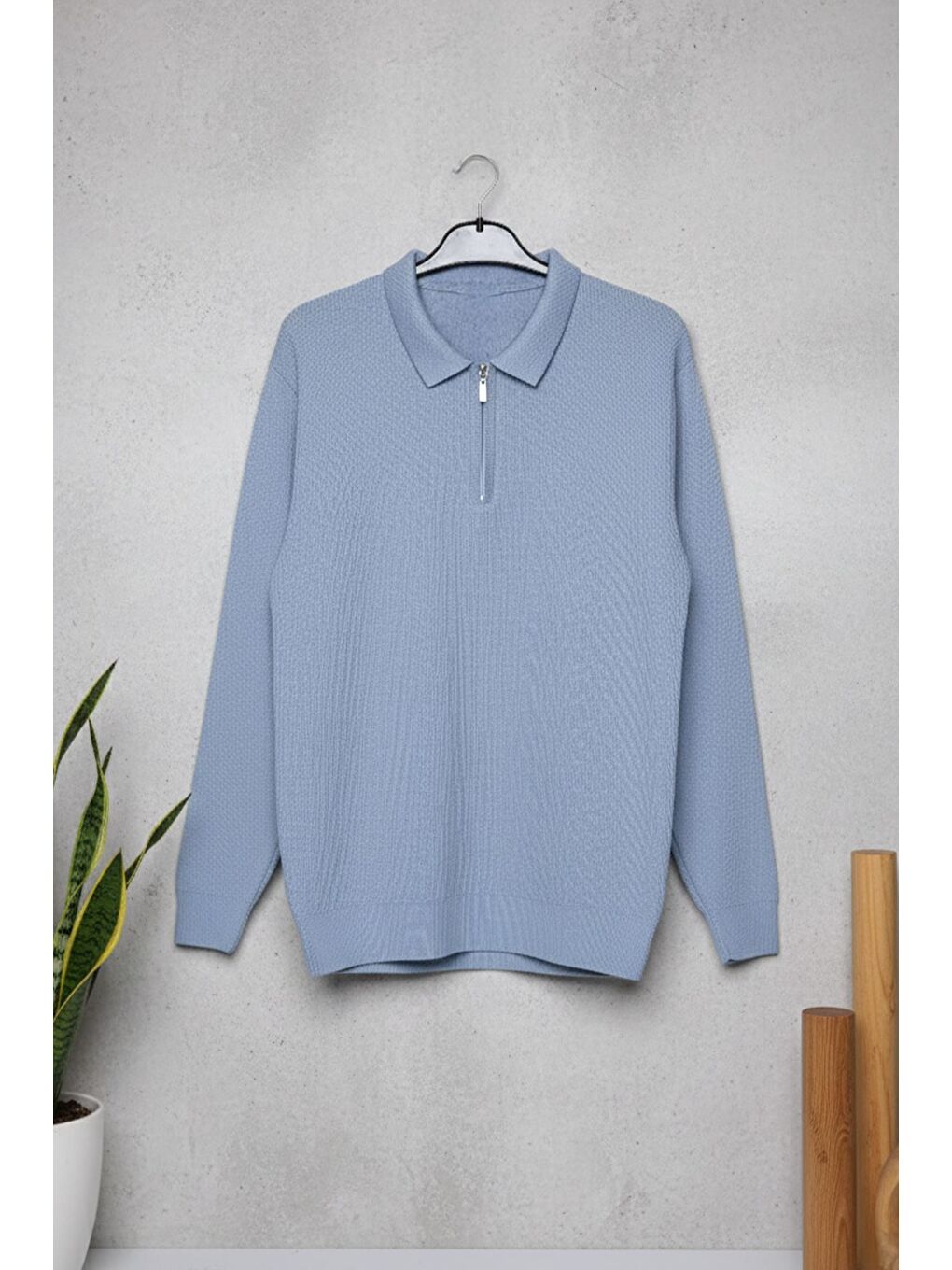 İndigo Erkek Polo Yaka Çizgi Desenli Yarım Fermuarlı Triko Kazak-2