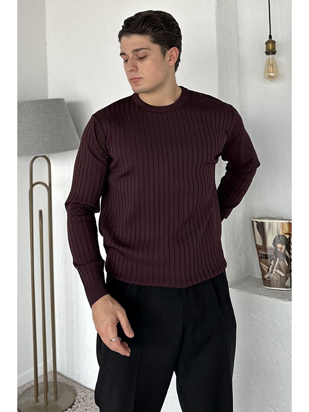 Bordo Bisiklet Yaka Erkek Triko Kazak-1