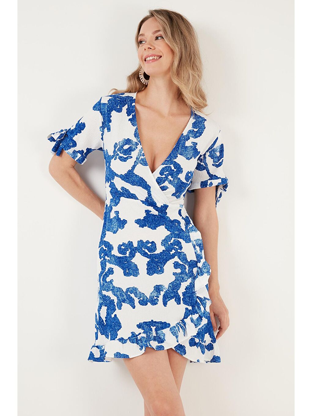 Mavi Kruvaze Yaka Fırfır Detaylı Mini Elbise Kadın ELBİSE 5865076-3