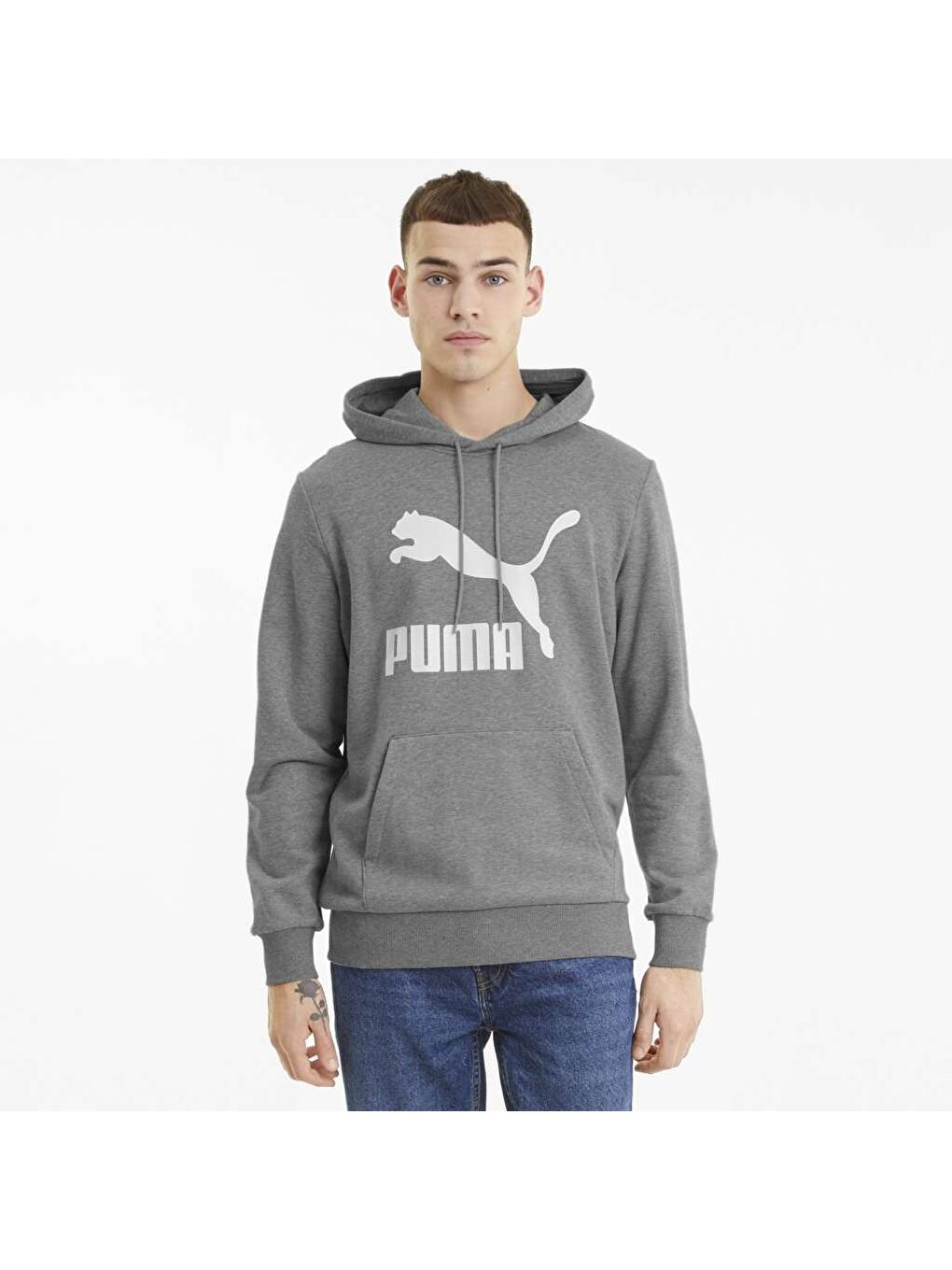 Classics Logo Erkek Gri Kapüşonlu Hoodie