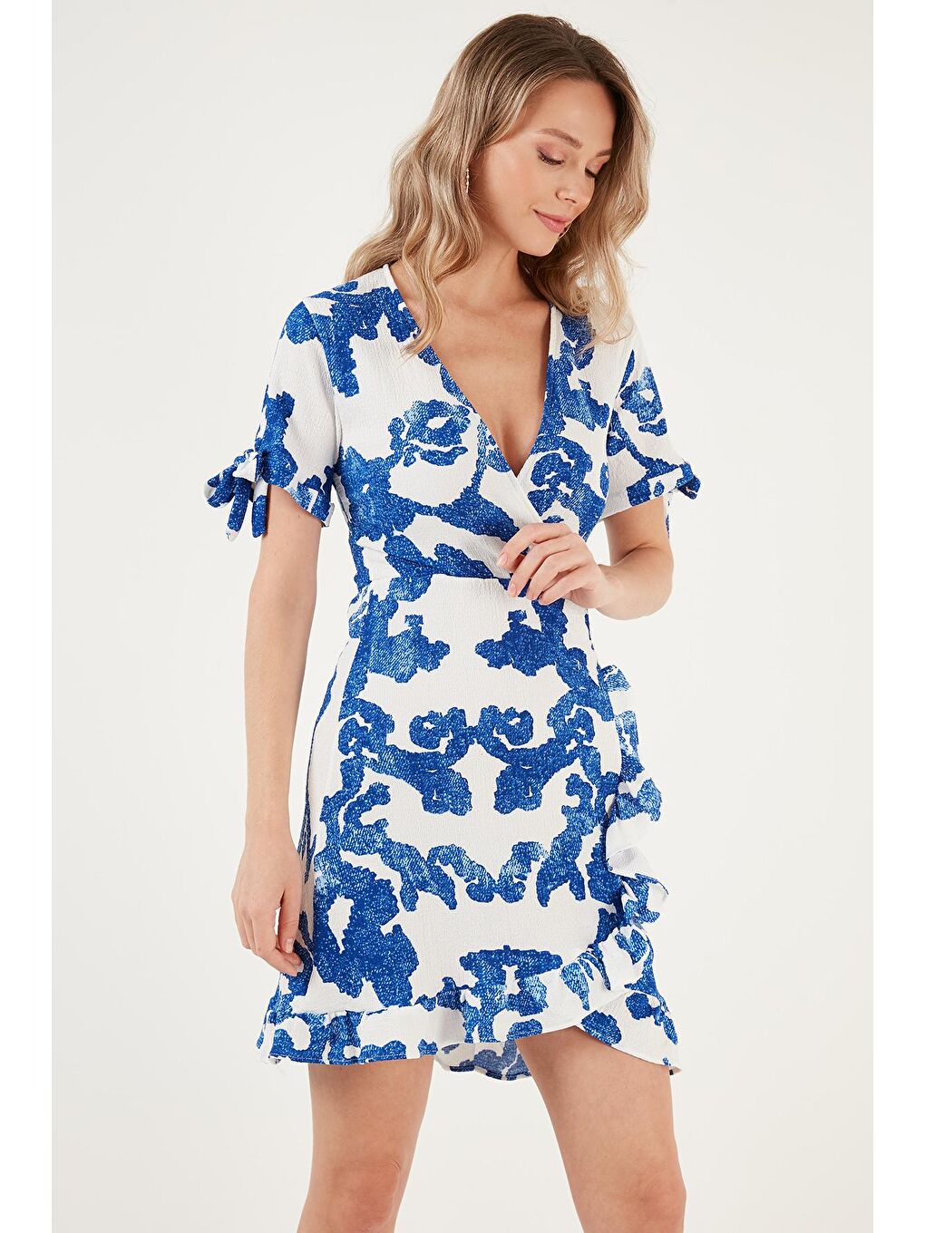 Mavi Kruvaze Yaka Fırfır Detaylı Mini Elbise Kadın ELBİSE 5865076-4