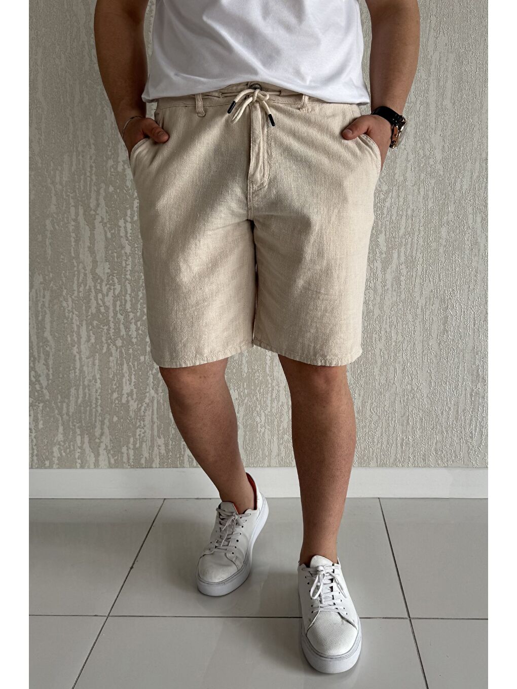 Bej Bel Bağcıklı Erkek Keten Şort