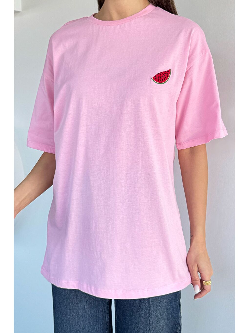 Pembe Kadın Bisiklet Yaka Nakışlı Tişört-2