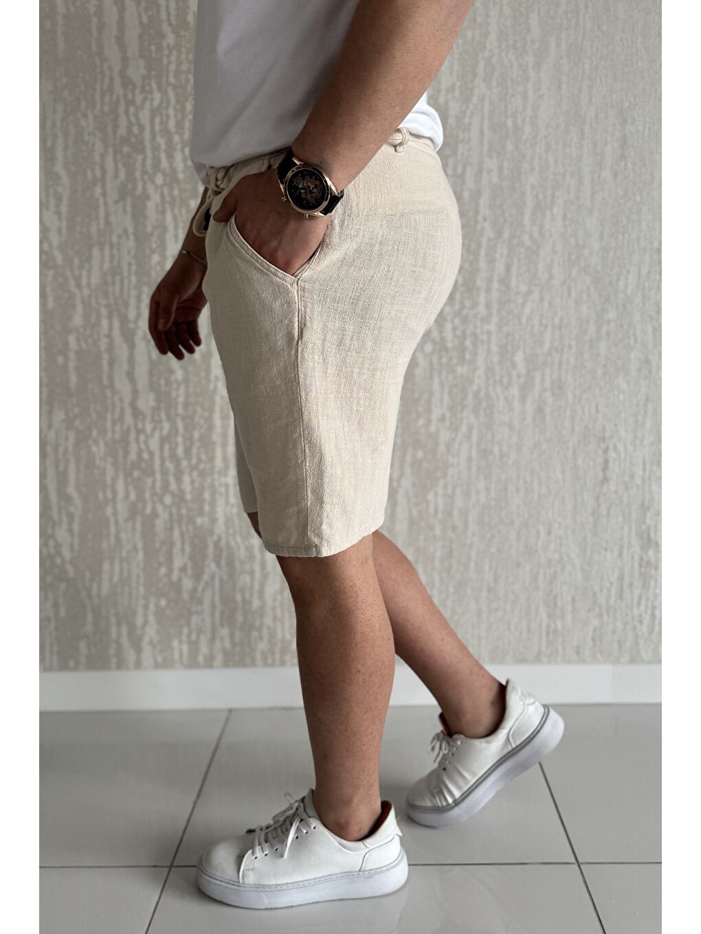Bej Bel Bağcıklı Erkek Keten Şort-1