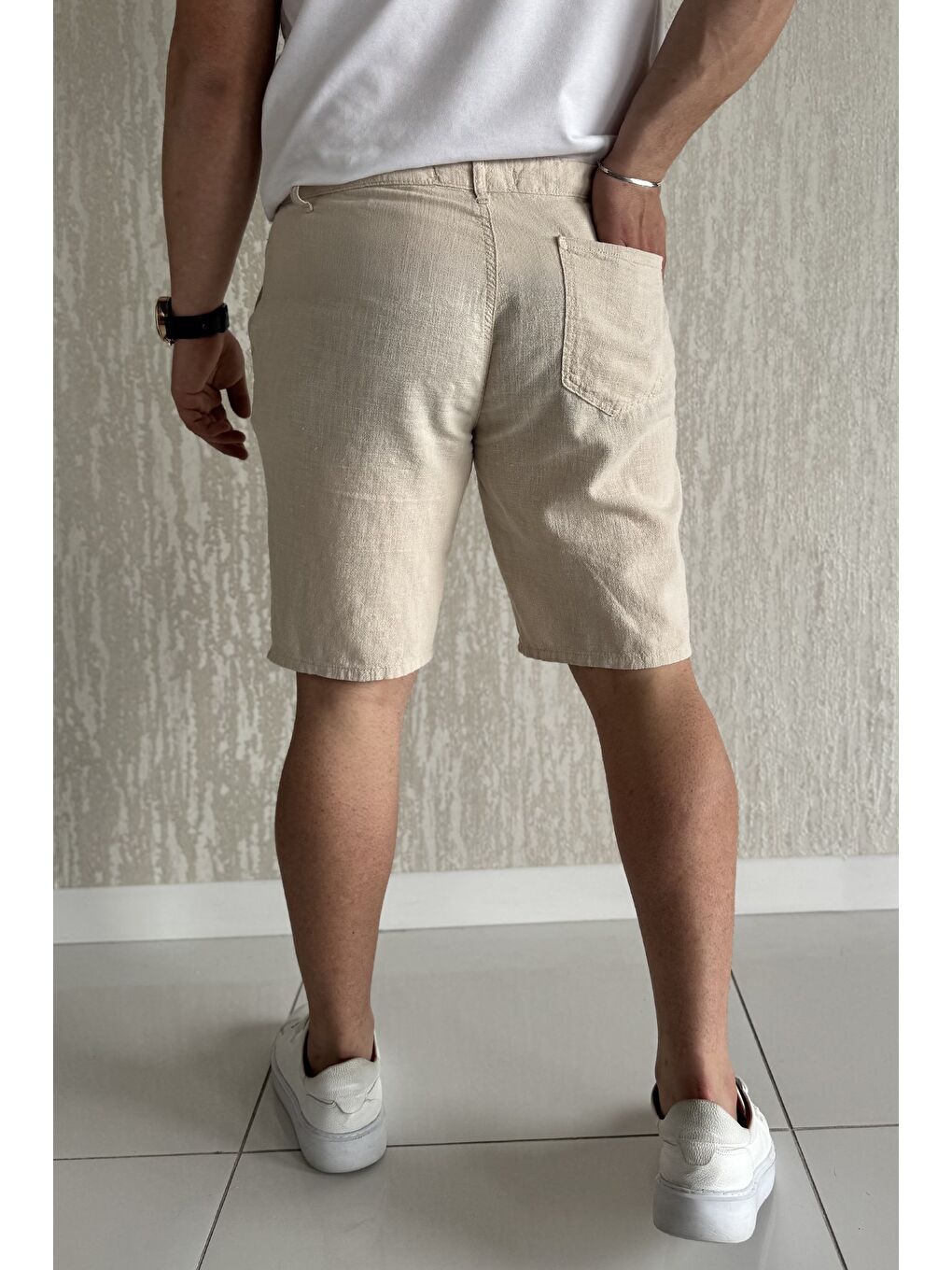 Bej Bel Bağcıklı Erkek Keten Şort-2