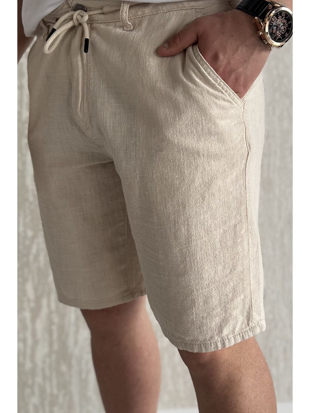 Bej Bel Bağcıklı Erkek Keten Şort-3