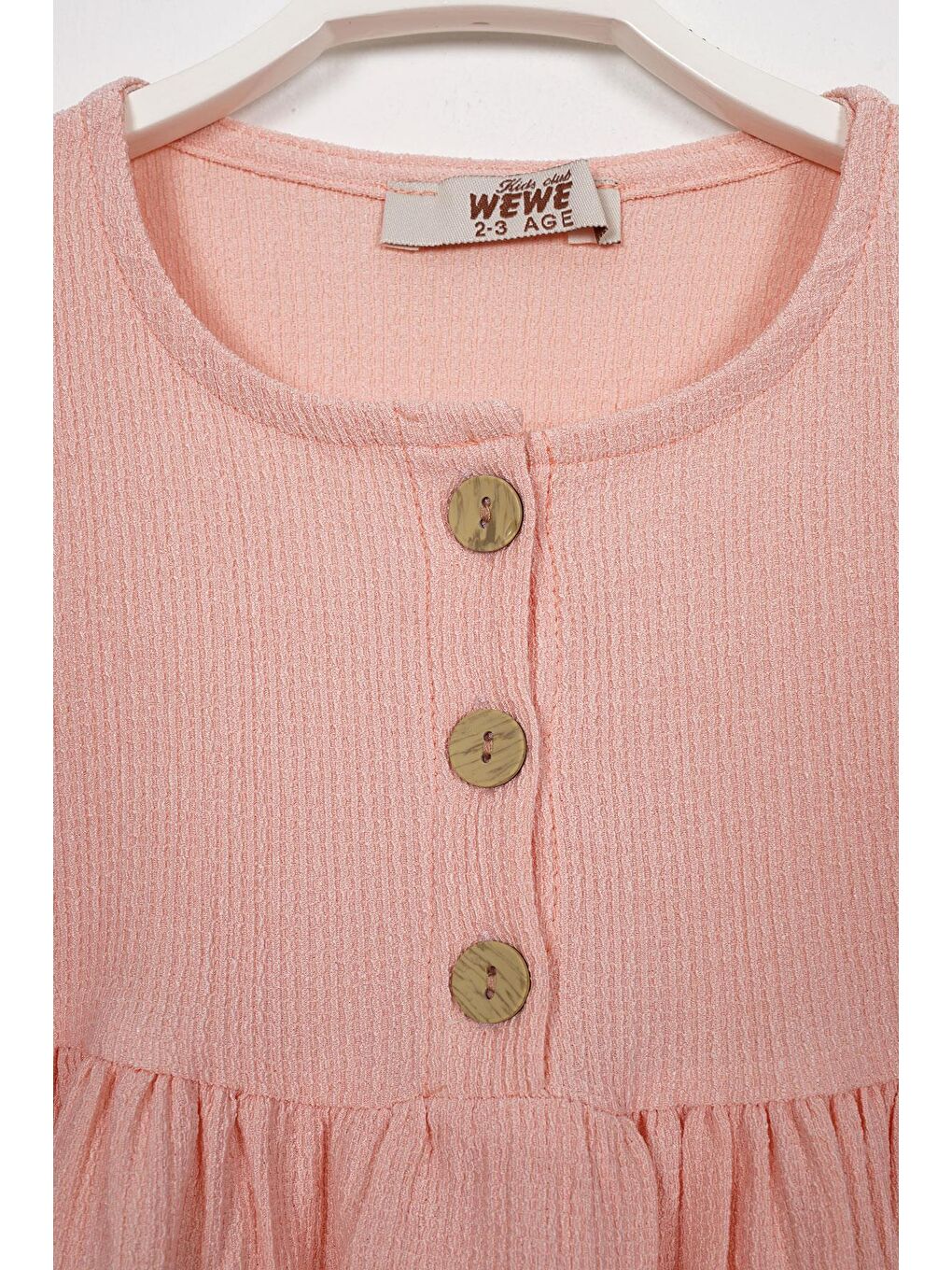 Pembe Düğme Detaylı Fırfırlı Şapkalı Pudra Renk Kız Çocuk Elbise-1