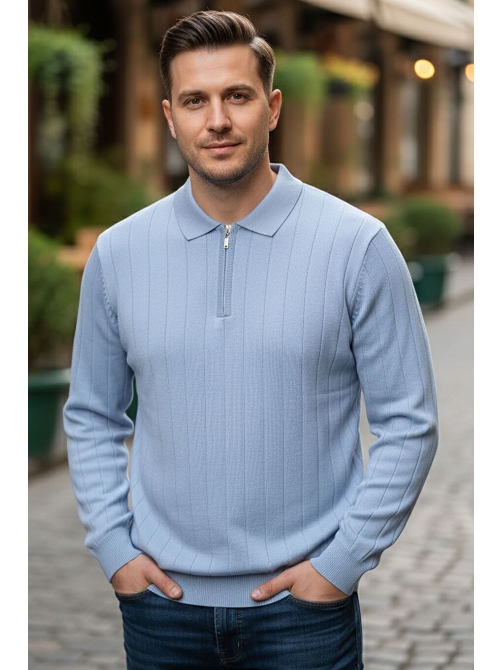 Mavi Polo Yaka Yarım Fermuarlı Erkek Triko Kazak