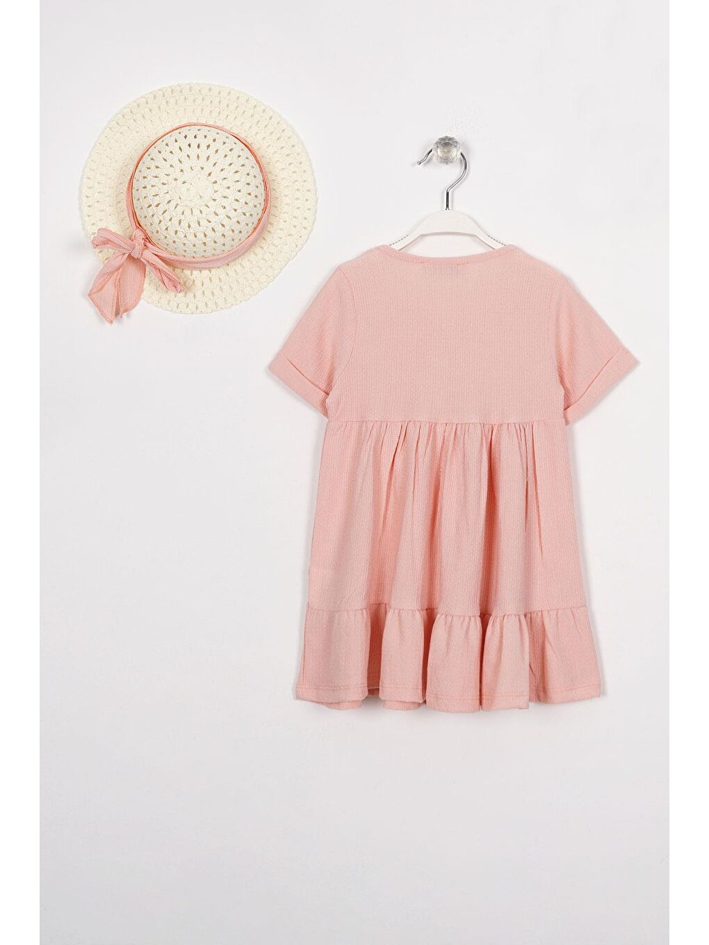 Pembe Düğme Detaylı Fırfırlı Şapkalı Pudra Renk Kız Çocuk Elbise-2