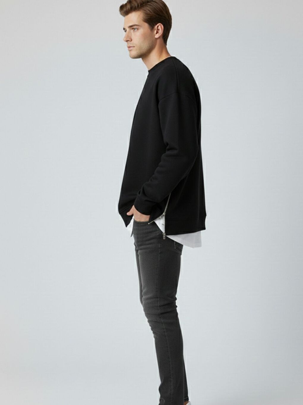 3 İplik Siyah Bisiklet Yakalı Yanı Yarım Fermuar Detaylı Sweatshirt-1