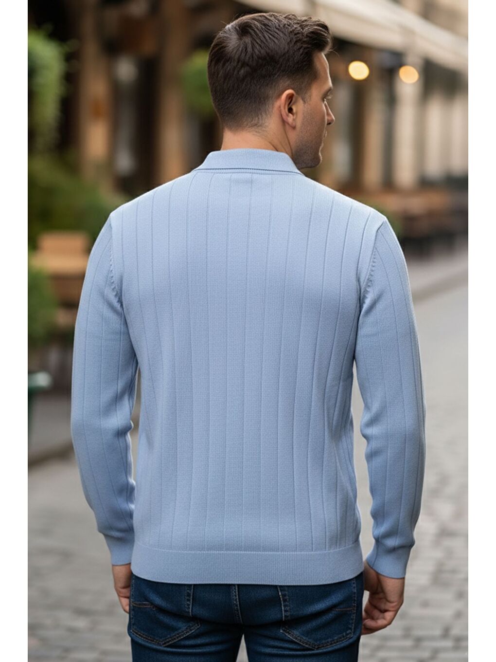 Mavi Polo Yaka Yarım Fermuarlı Erkek Triko Kazak-1