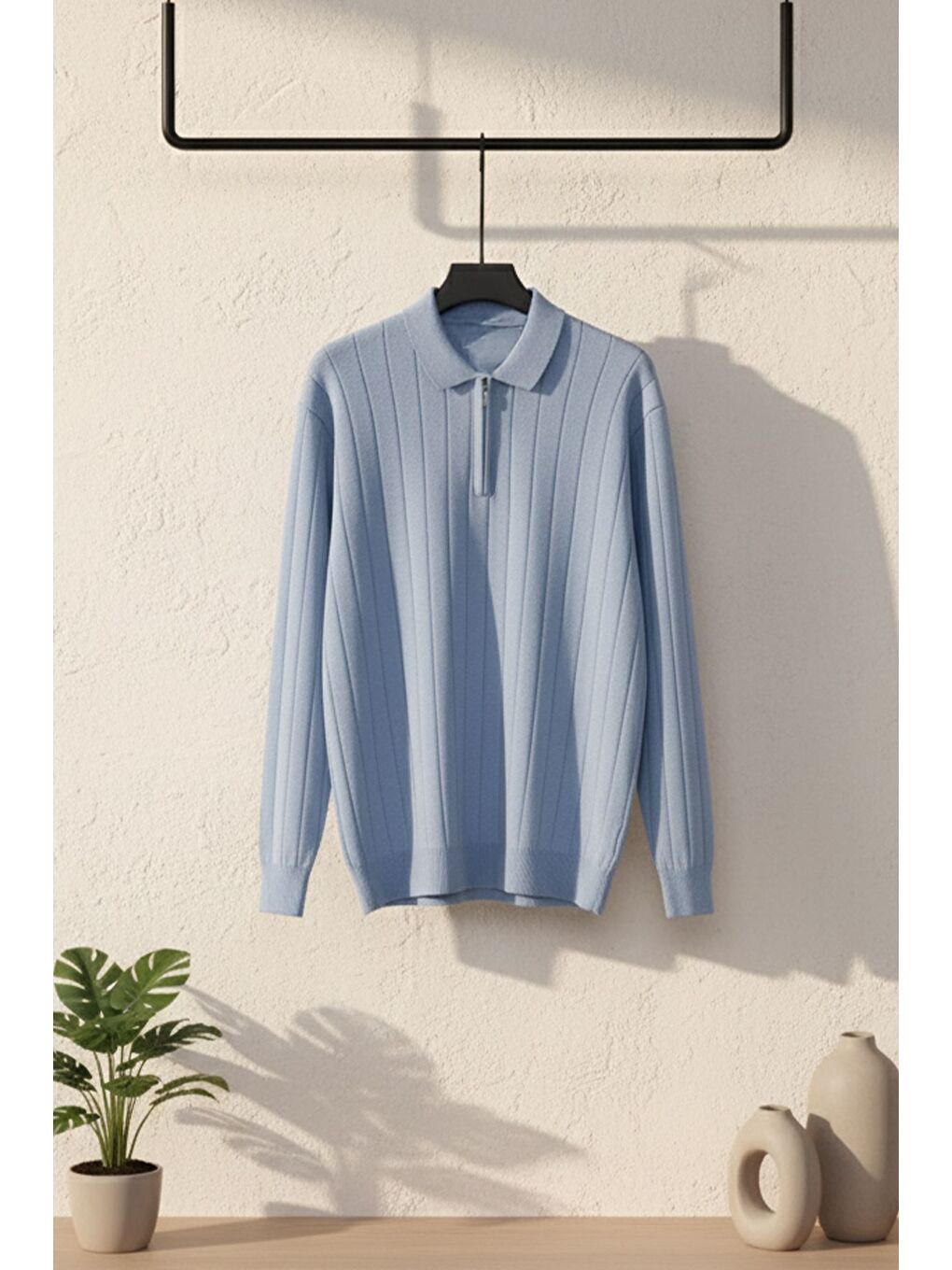 Mavi Polo Yaka Yarım Fermuarlı Erkek Triko Kazak-2