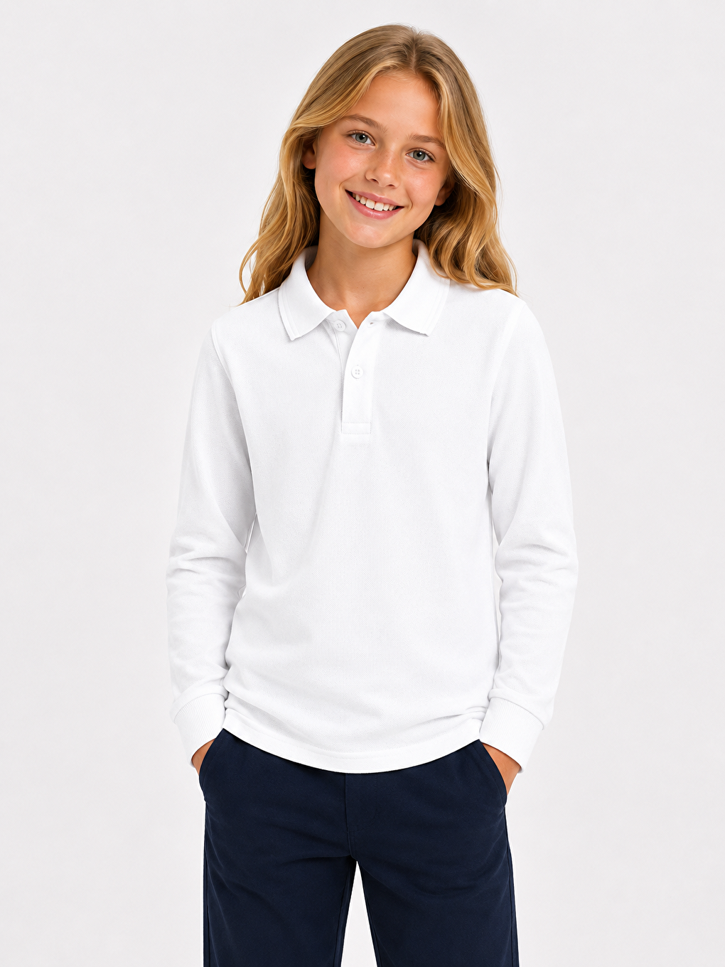 Beyaz Kids Polo Yaka Basic Uzun Kollu Unisex Kız Çocuk Tişört