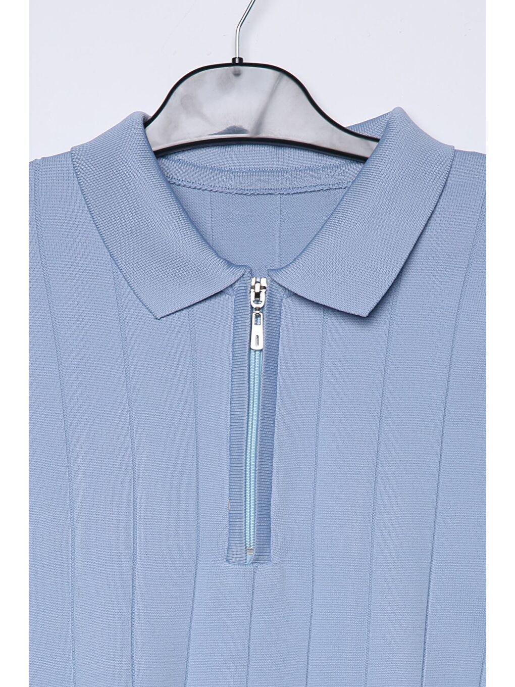 Mavi Polo Yaka Yarım Fermuarlı Erkek Triko Kazak-3