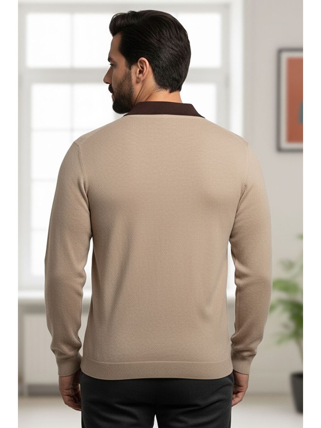 Bej Erkek Polo Yaka Kendinden Desenli Triko Kazak-1