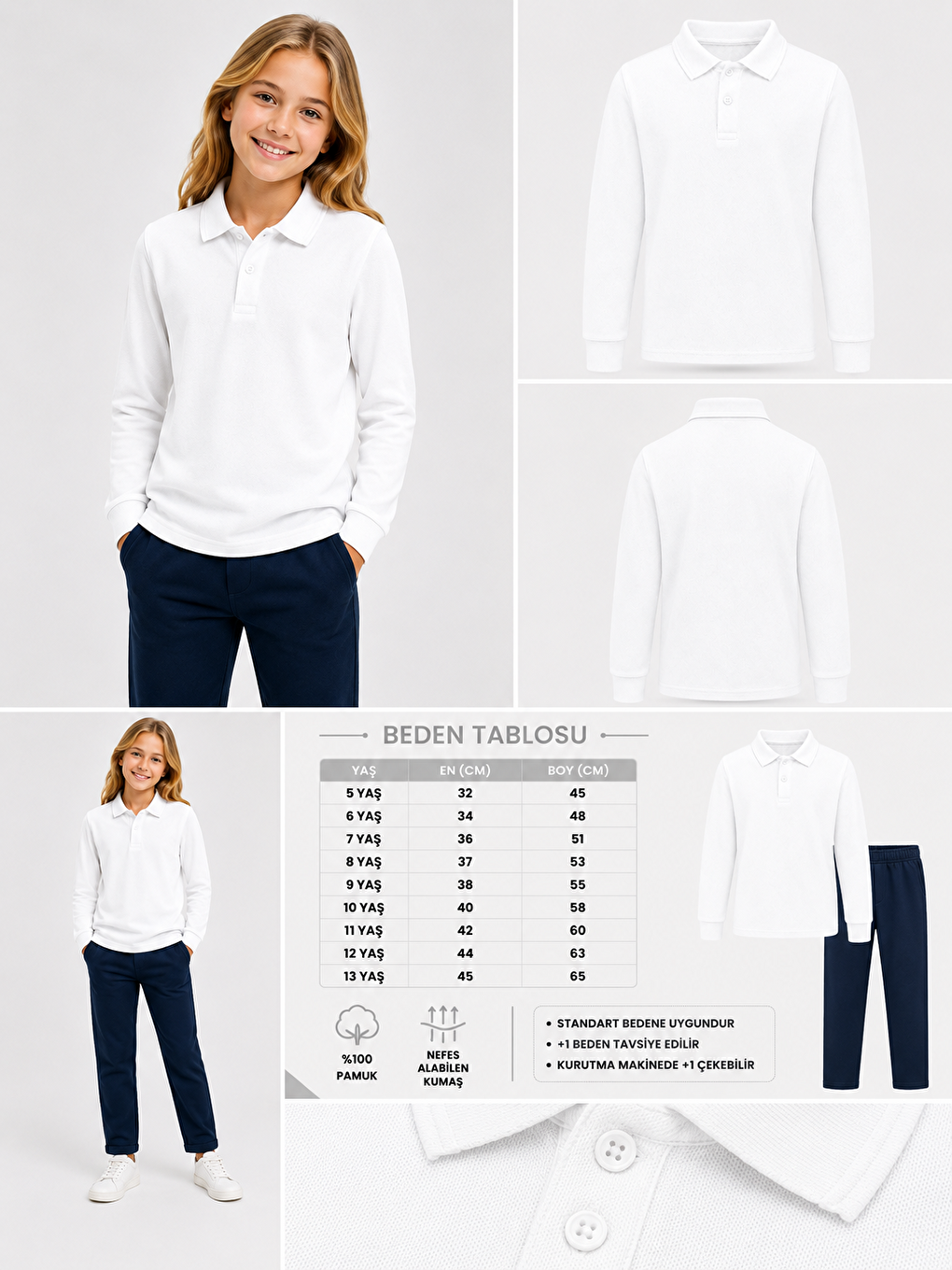 Beyaz Kids Polo Yaka Basic Uzun Kollu Unisex Kız Çocuk Tişört-1