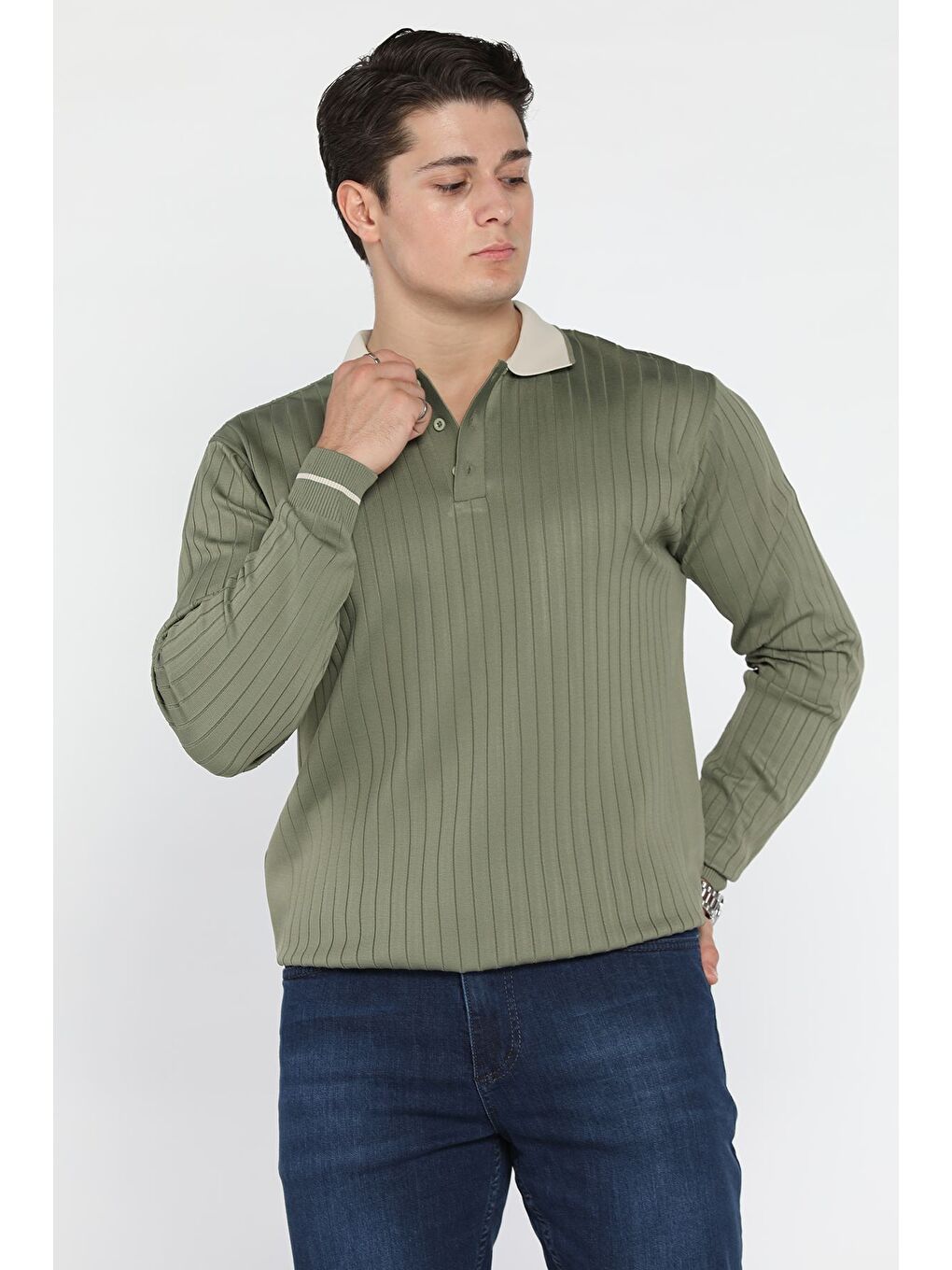 Haki Erkek Polo Yaka Yarım Düğmeli Triko Kazak