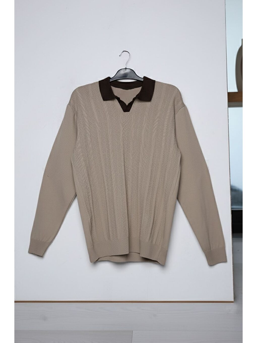 Bej Erkek Polo Yaka Kendinden Desenli Triko Kazak-2