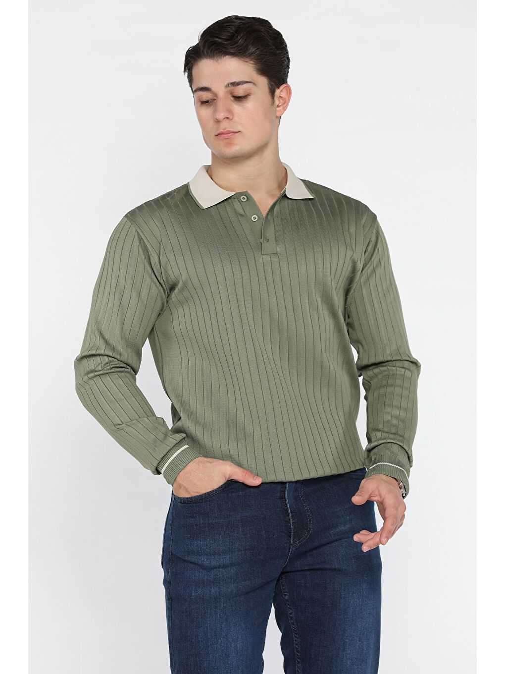 Haki Erkek Polo Yaka Yarım Düğmeli Triko Kazak-1