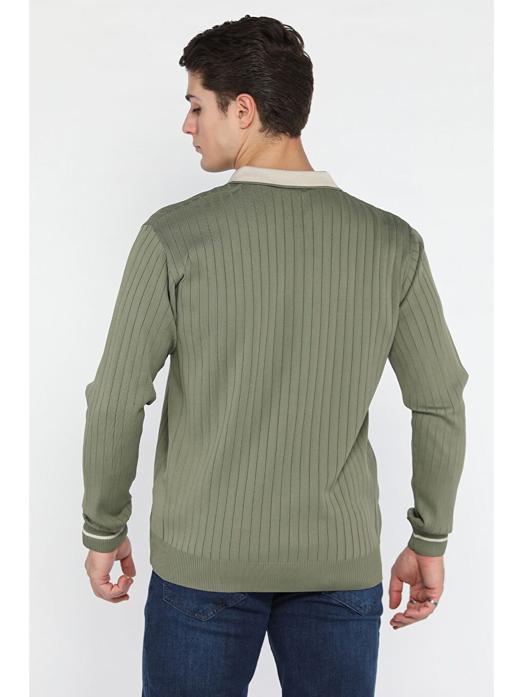 Haki Erkek Polo Yaka Yarım Düğmeli Triko Kazak-2