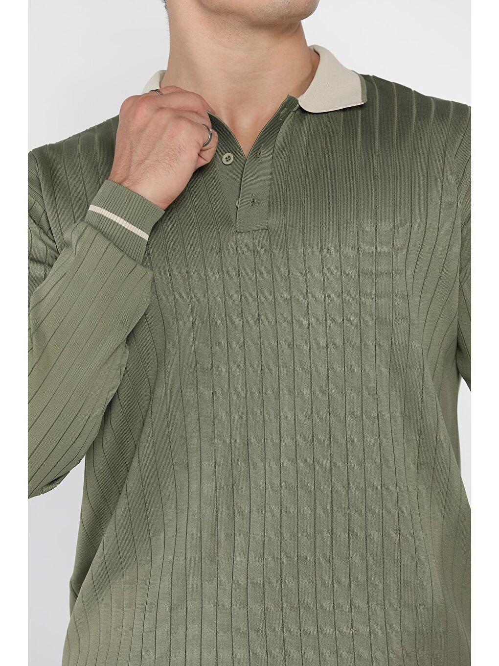 Haki Erkek Polo Yaka Yarım Düğmeli Triko Kazak-3