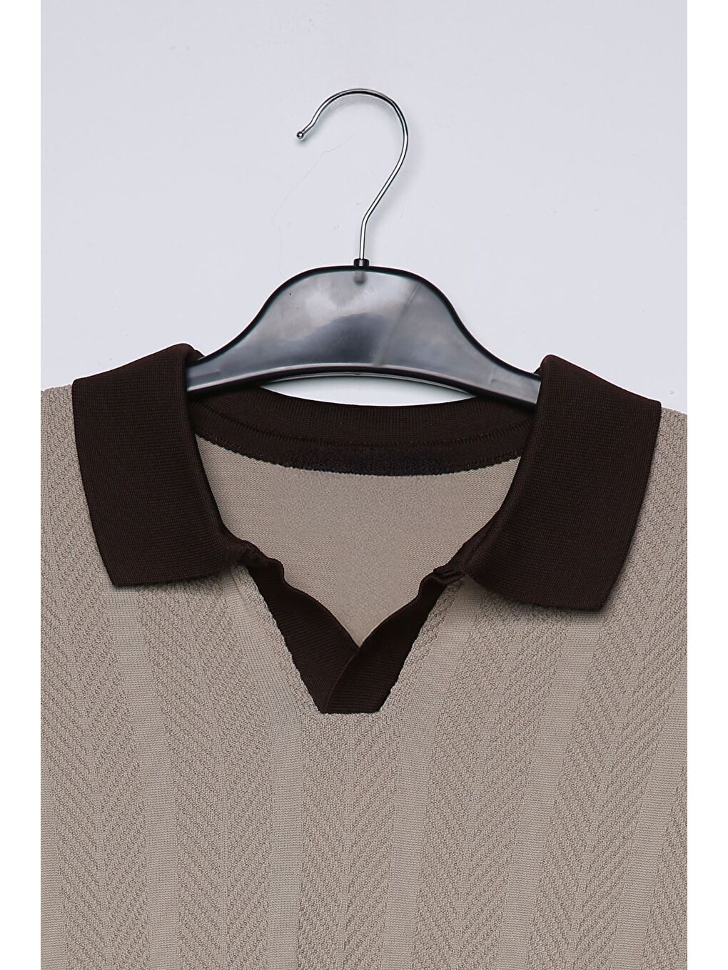 Bej Erkek Polo Yaka Kendinden Desenli Triko Kazak-3