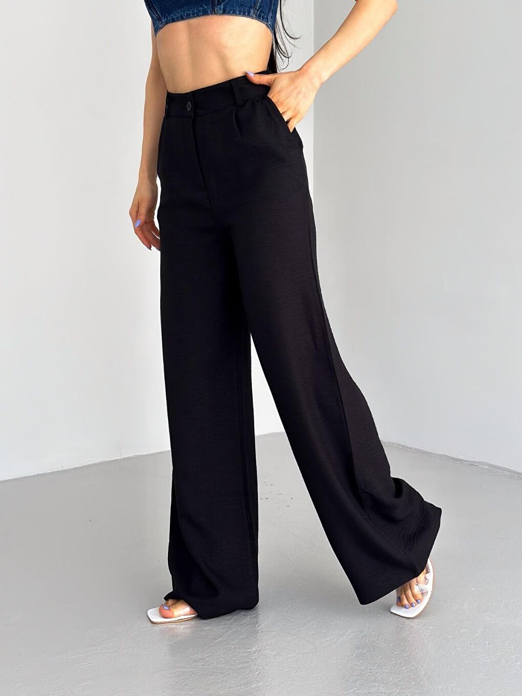 Siyah Çift Düğmeli Pileli Kadın Palazzo Keten Pantolon