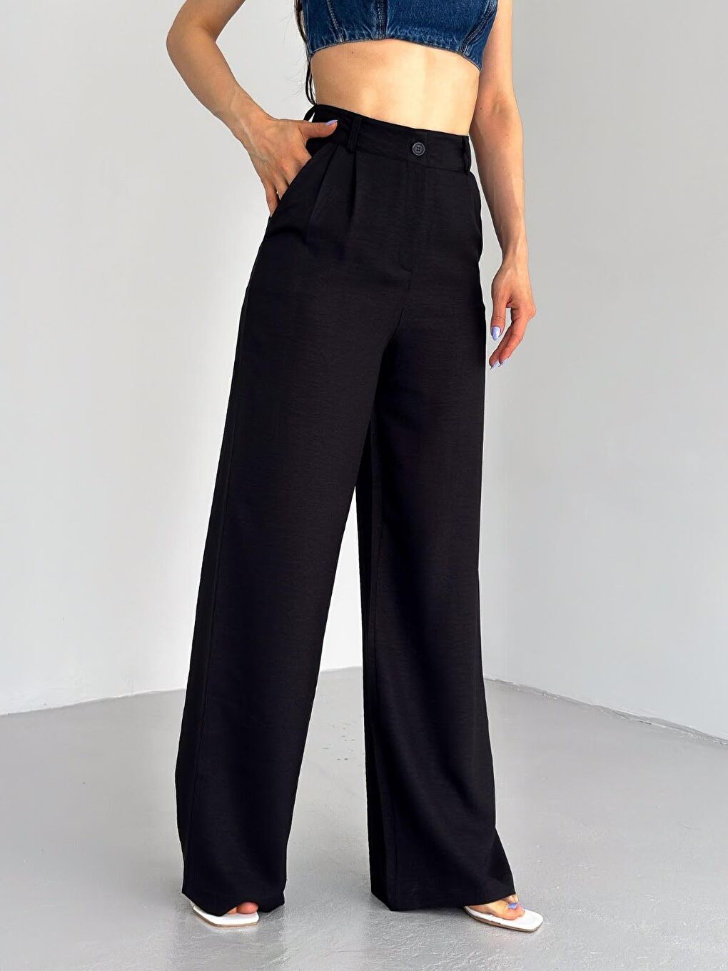 Siyah Çift Düğmeli Pileli Kadın Palazzo Keten Pantolon-1