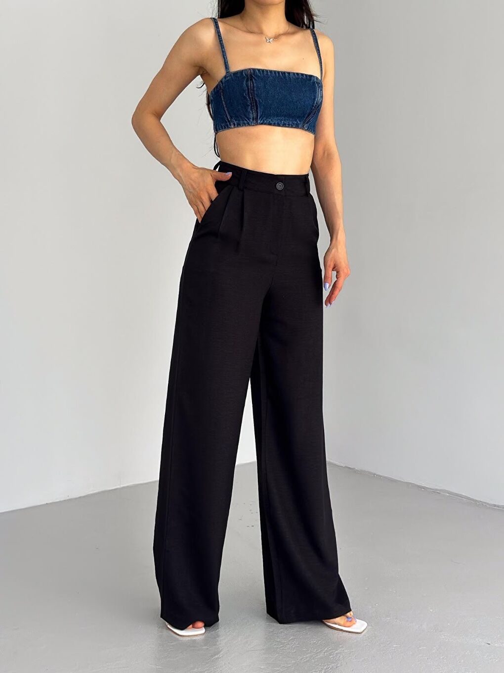 Siyah Çift Düğmeli Pileli Kadın Palazzo Keten Pantolon-2