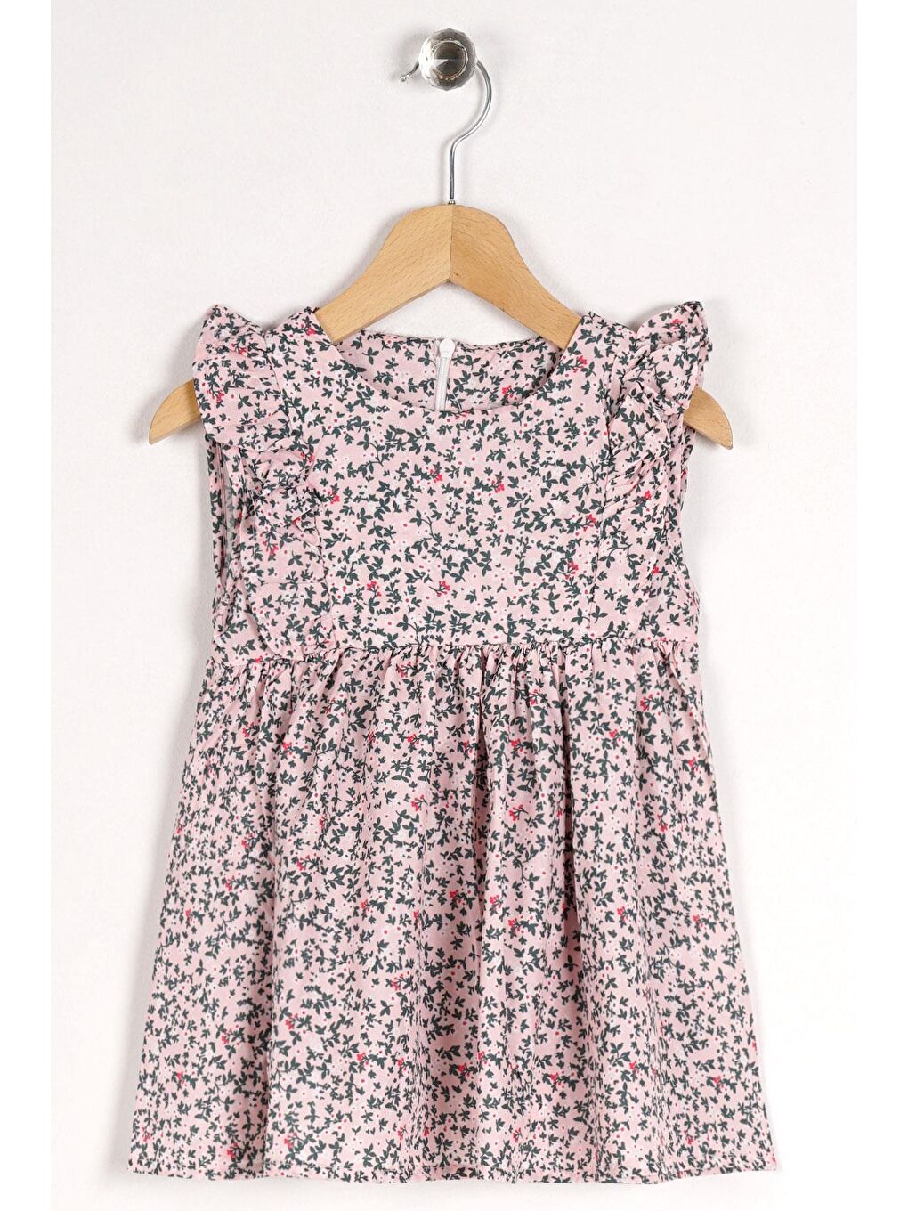 Pembe Sıfır Kol Çiçek Desenli Fermuarlı Somon Renk Kız Çocuk Elbise